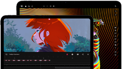 13‑inch iPad Pro and 11‑inch iPad Pro, front exterior, landscape orientation, space black colour, rounded corners, black display bezel, 11-inch display showing a vibrant image of a character with red hair, 13-inch display showing colourful photo editing interface elements