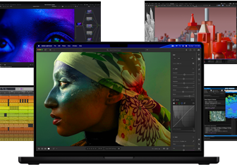A variety of colourful screen content from music production, video editing, 3D animation and photo editing apps on Mac, demonstrating powerful graphics performance