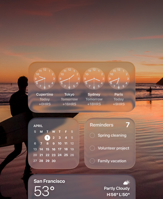 Liquid Glass Clock, Calendar, Reminders and Weather widgets on macOS Tahoe screen over a scene of a surfer walking on the beach at sunset