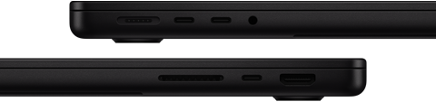 Showing the ports on MacBook Pro — left side: MagSafe 3, two Thunderbolt ports, and headphone jack — right side: SDXC card slot, one Thunderbolt port and HDMI