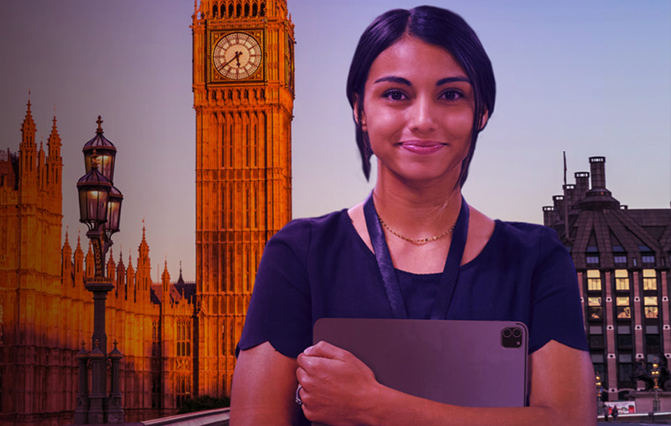 Smiling woman standing in front of the clock tower Smiling woman standing in front of the clock tower
